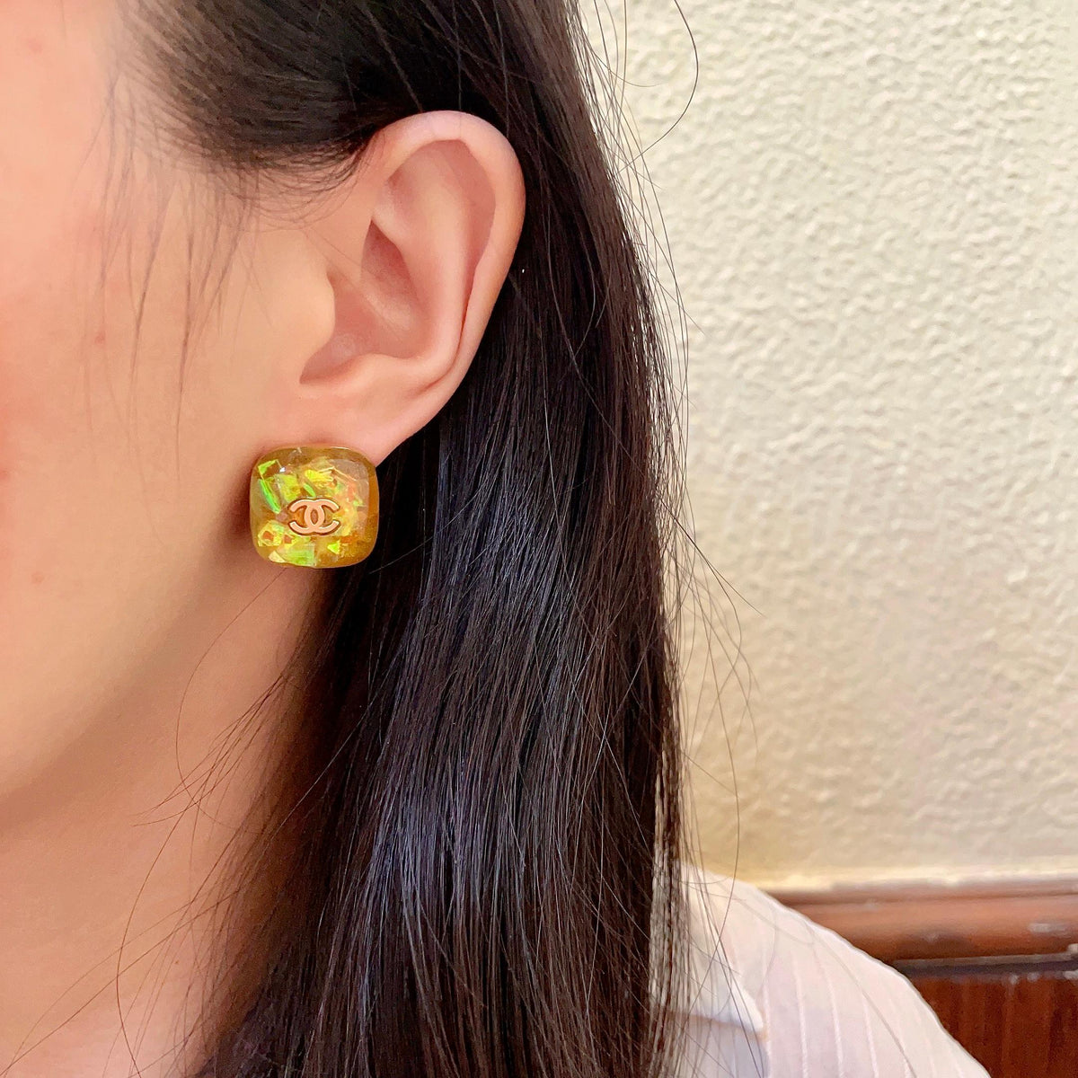 Double-C Emblem Stud Earrings in Polished Metal-Tone – Design 101 detail view