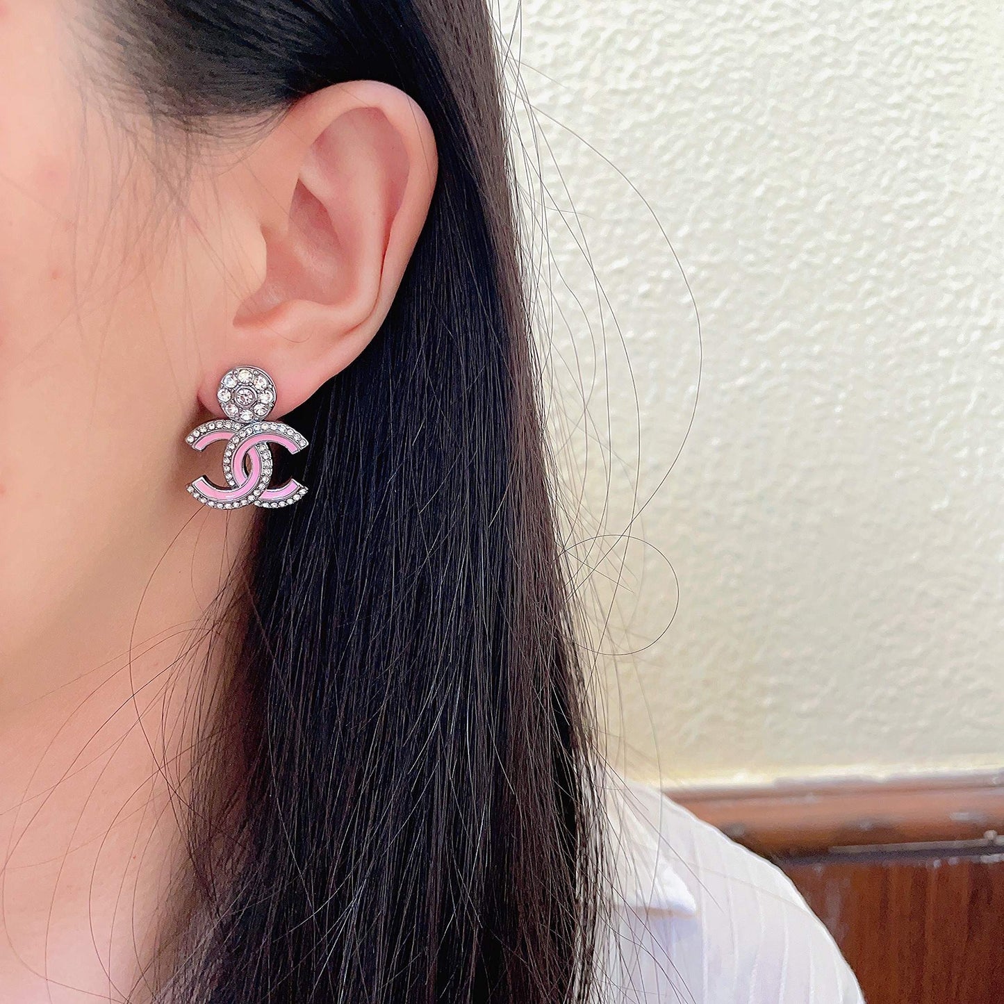 Double-C Emblem Crystal-Accent Statement Earrings – Design 008 detail view