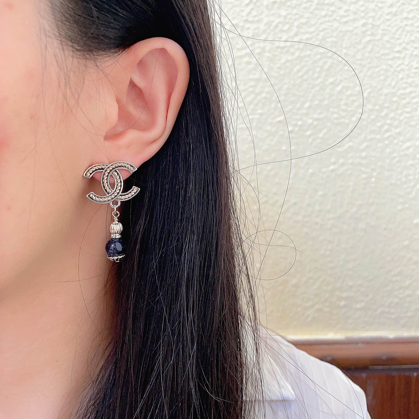Double-C Emblem Statement Earrings in Polished Metal-Tone – Design 013 detail view