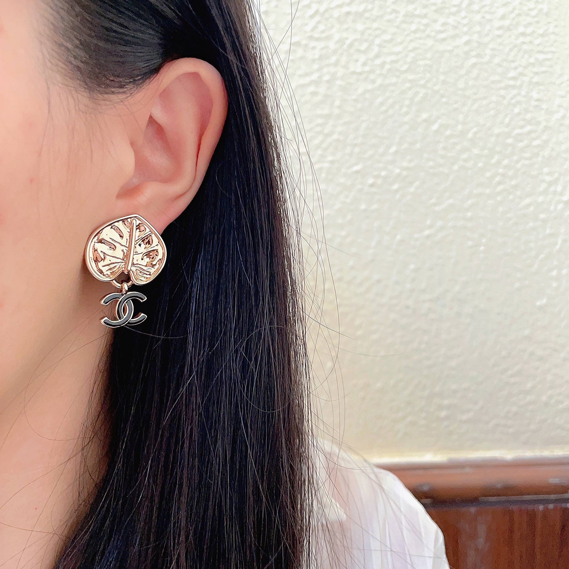 Double-C Emblem Statement Earrings in Polished Metal-Tone – Design 010 detail view