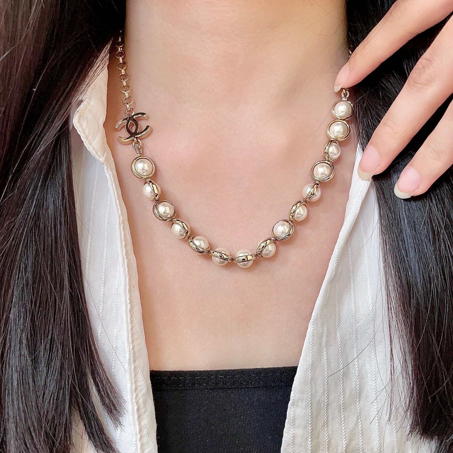 Double-C Emblem Pearl-Detail Pendant Necklace – Pearl Detail – Design 039 main product view