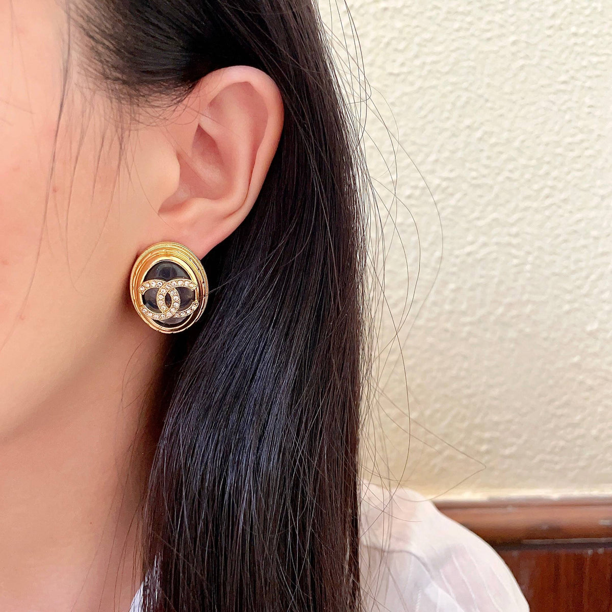 Double-C Emblem Crystal-Accent Stud Earrings – Design 054 detail view