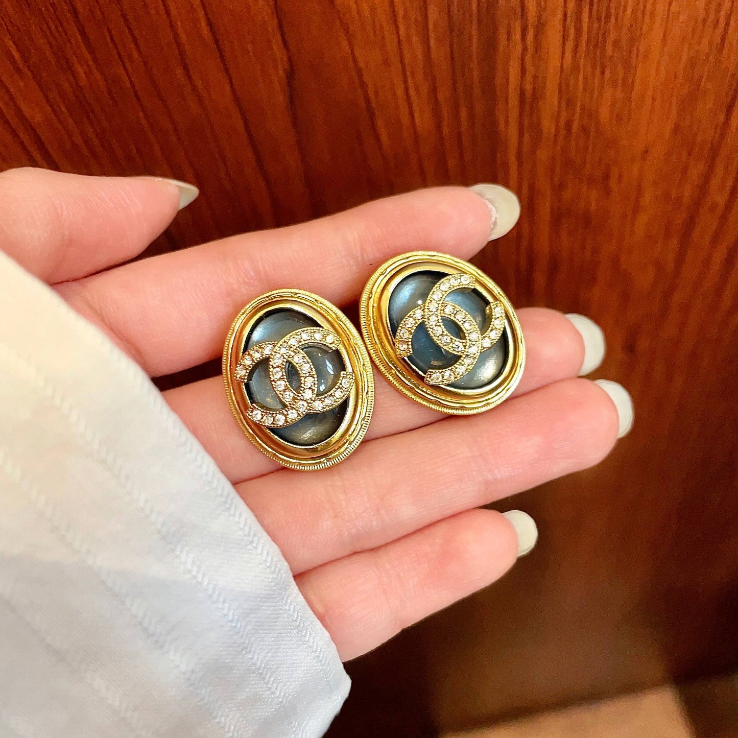 Double-C Emblem Crystal-Accent Stud Earrings – Design 020 side detail