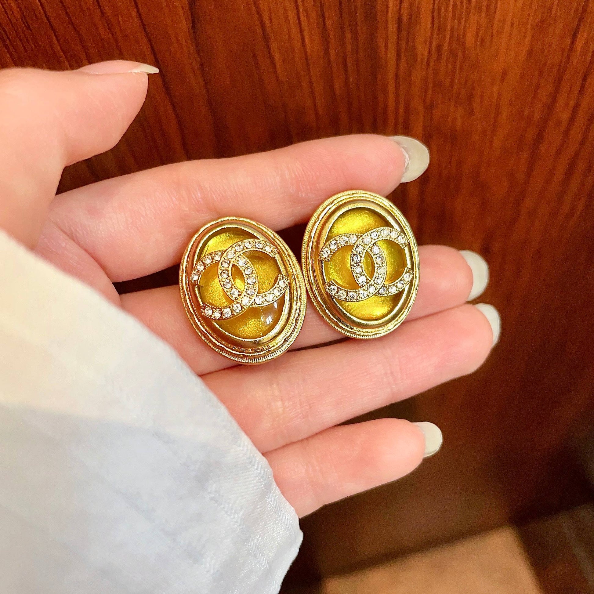 Double-C Emblem Crystal-Accent Stud Earrings – Design 055 side detail