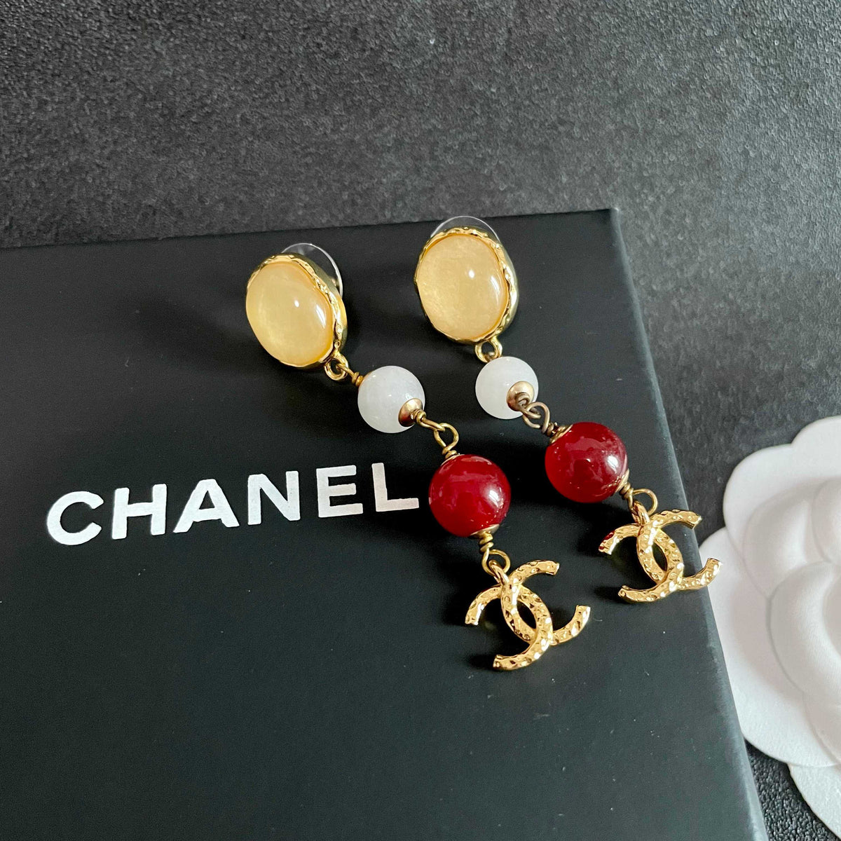 Double-C Emblem Statement Earrings in Polished Metal-Tone – Design 024 detail view