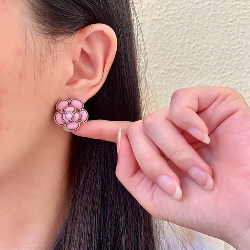 Camellia Stud Earrings in Polished Metal-Tone – Camellia Detail – Design 053 front product view