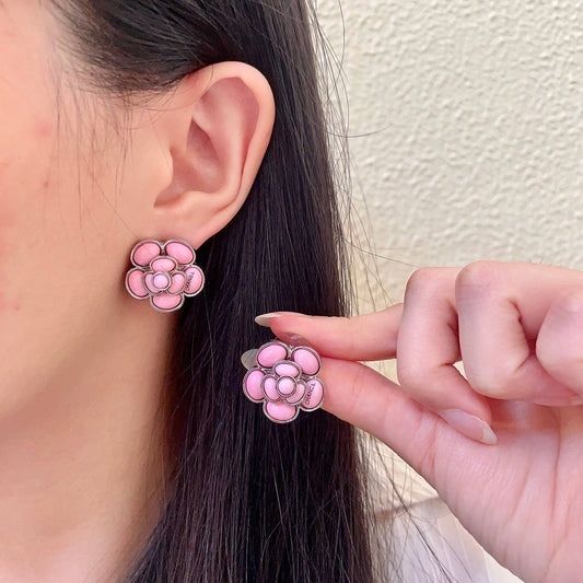 Camellia Stud Earrings in Polished Metal-Tone – Camellia Detail – Design 059 main product view