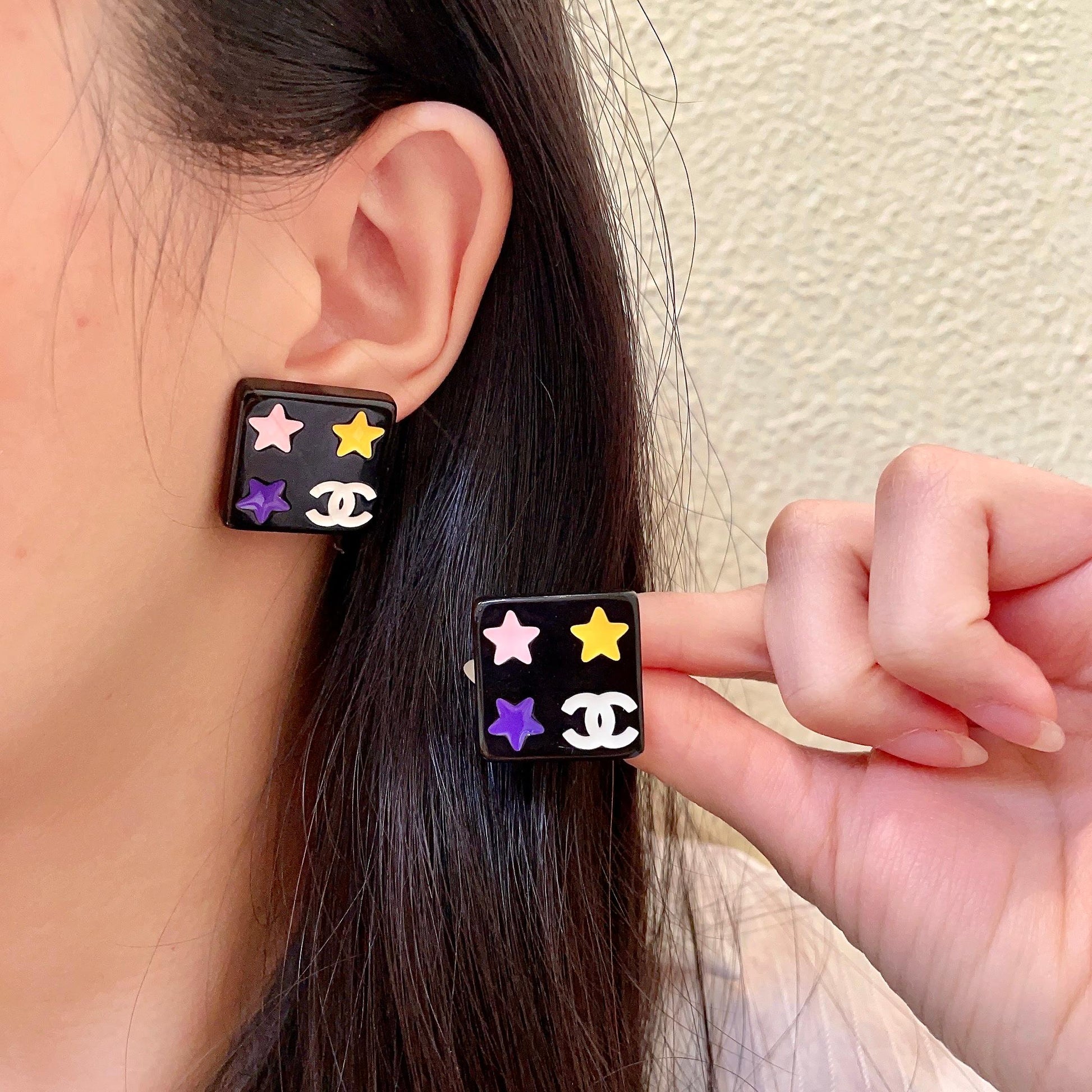 Double-C Emblem Stud Earrings in Polished Metal-Tone – Star Detail – Design 002 main product view