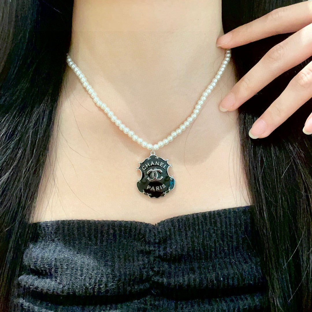 Double-C Emblem Pearl-Detail Pendant Necklace – Pearl Detail – Design 003 main product view
