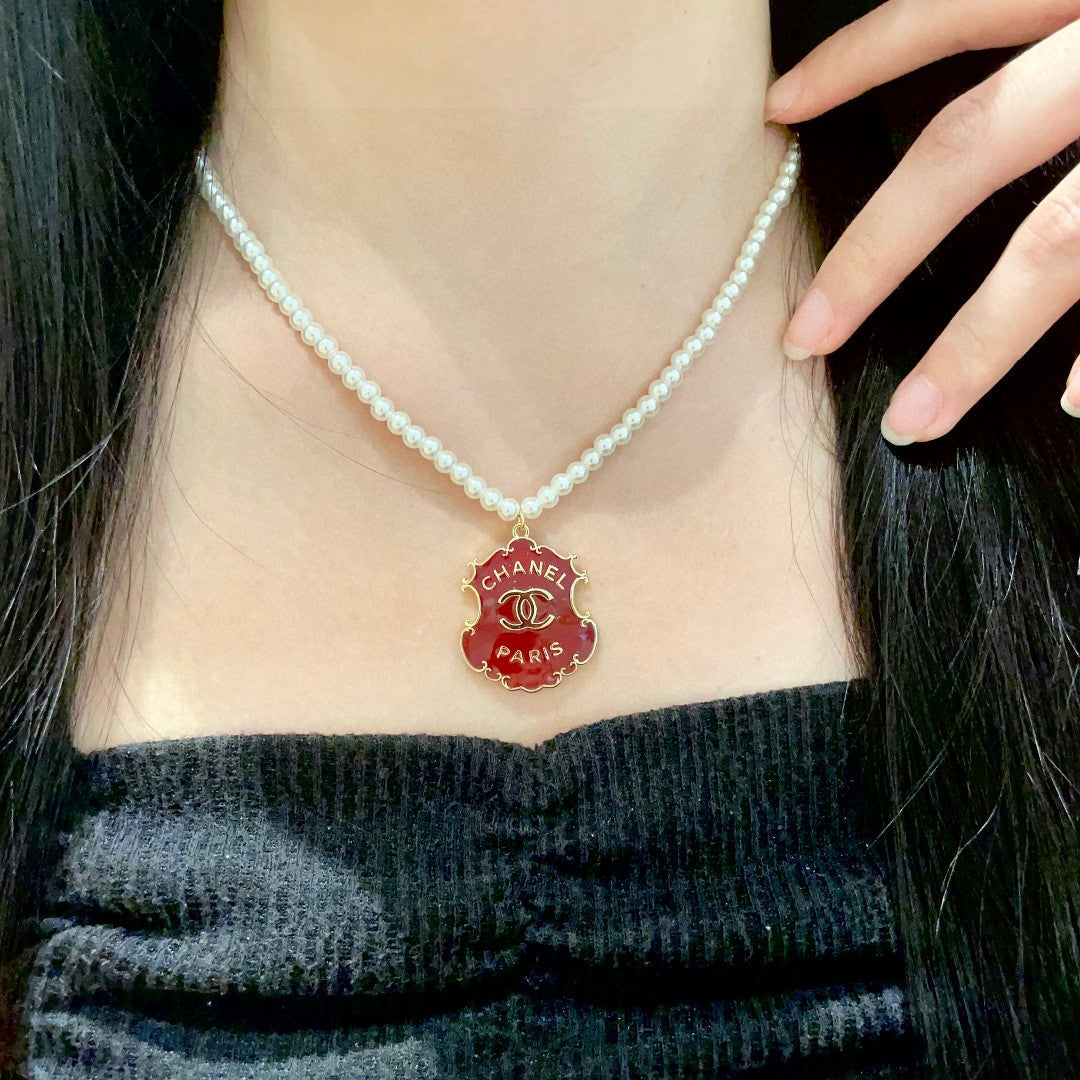 Double-C Emblem Pearl-Detail Pendant Necklace – Pearl Detail – Design 002 main product view