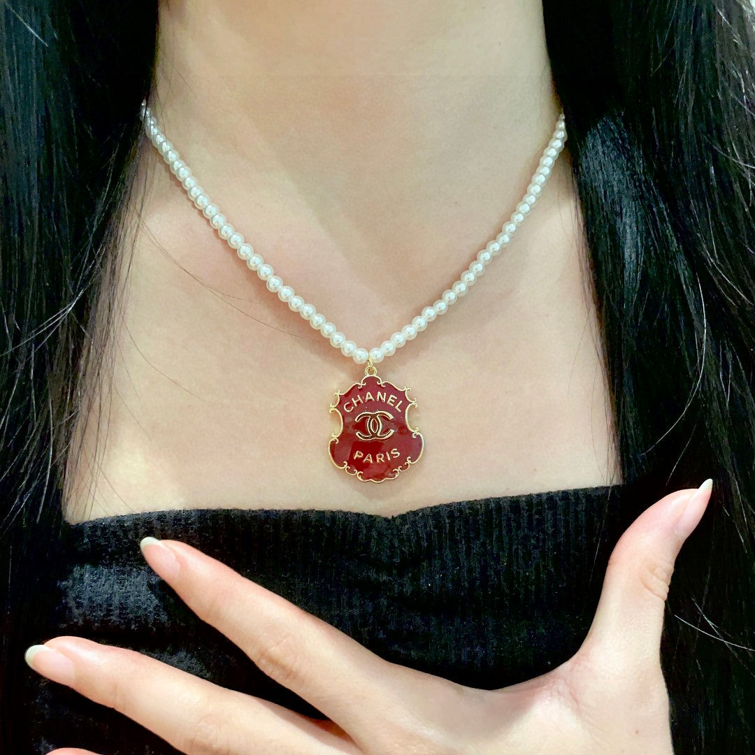 Double-C Emblem Pearl-Detail Pendant Necklace – Pearl Detail – Design 002 front product view