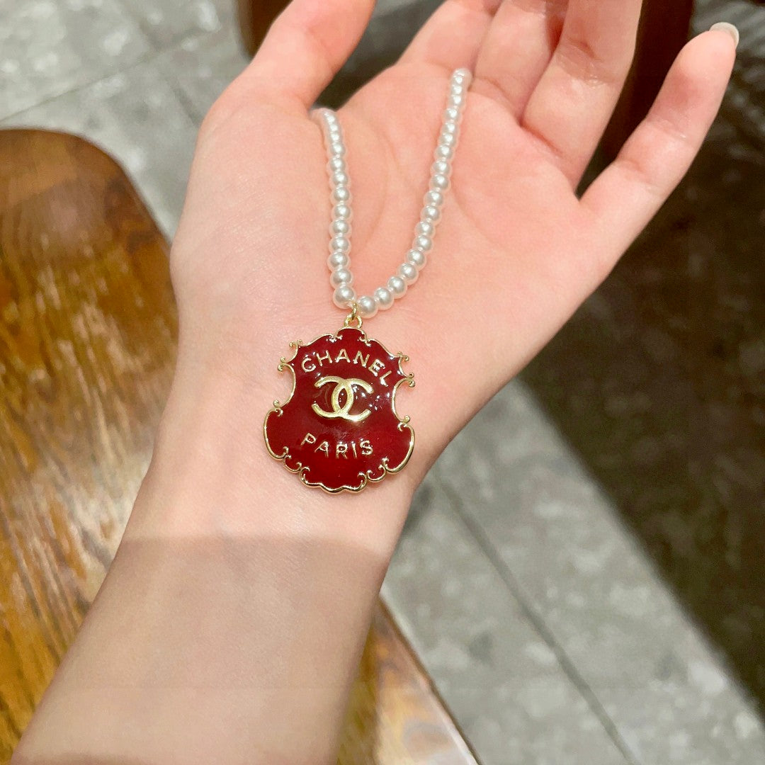 Double-C Emblem Pearl-Detail Pendant Necklace – Pearl Detail – Design 002 side detail
