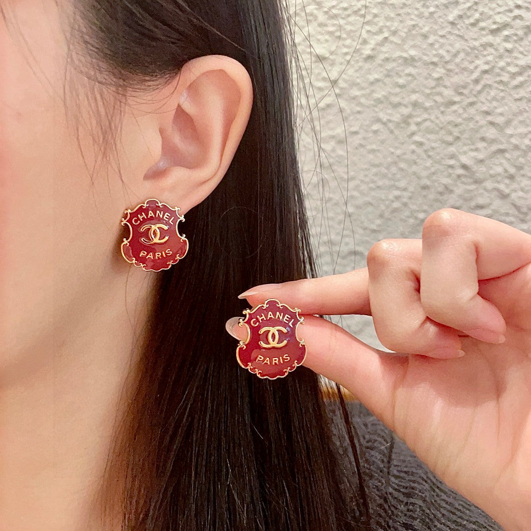 Double-C Emblem Stud Earrings in Polished Metal-Tone – Design 005 main product view