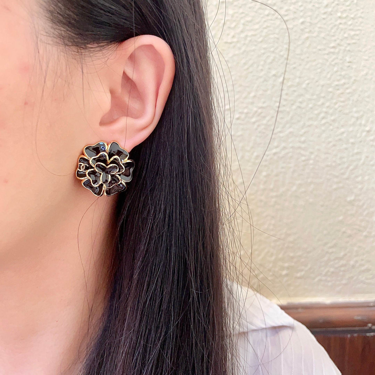 Camellia Stud Earrings in Polished Metal-Tone – Camellia Detail – Design 002 detail view