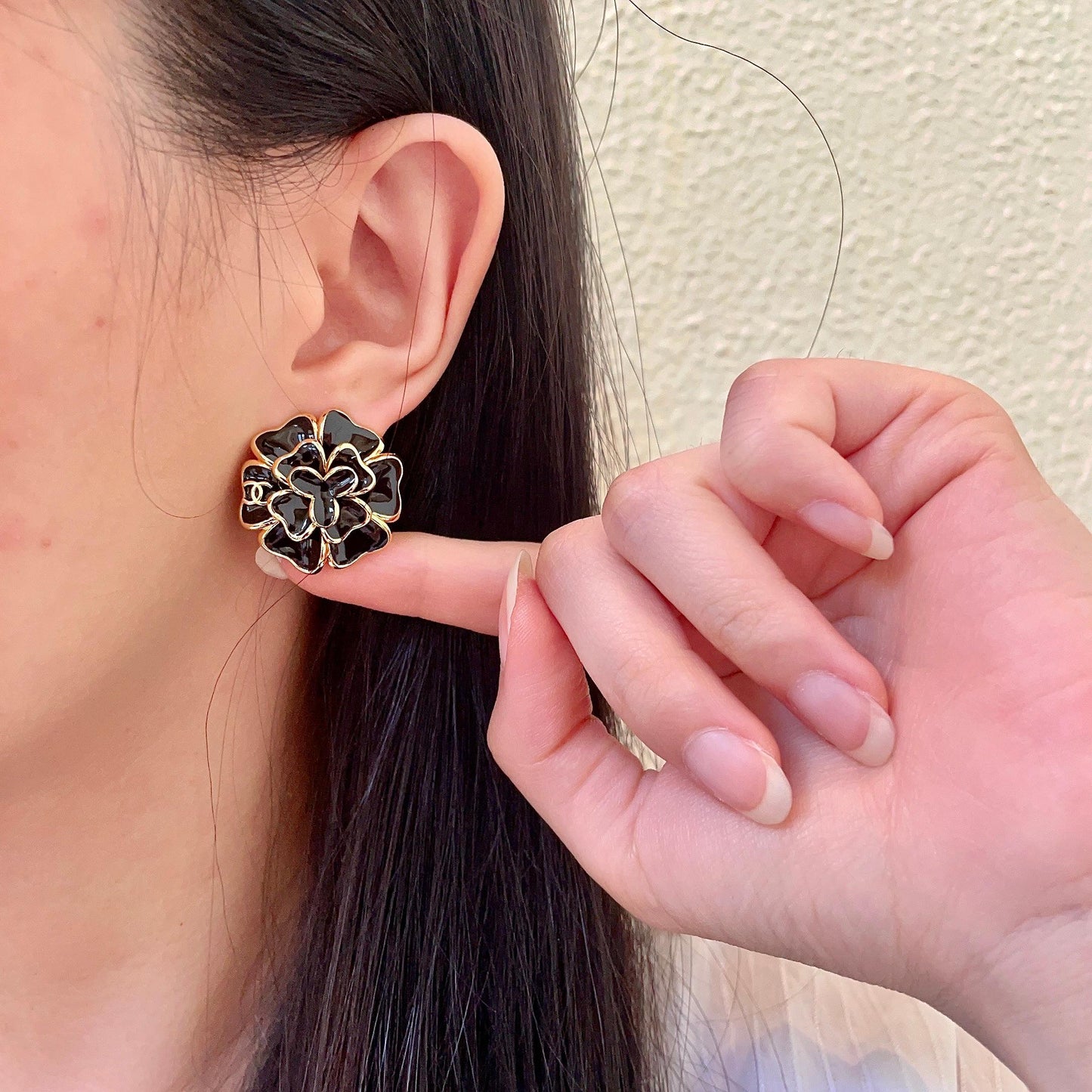Camellia Stud Earrings in Polished Metal-Tone – Camellia Detail – Design 002 front product view