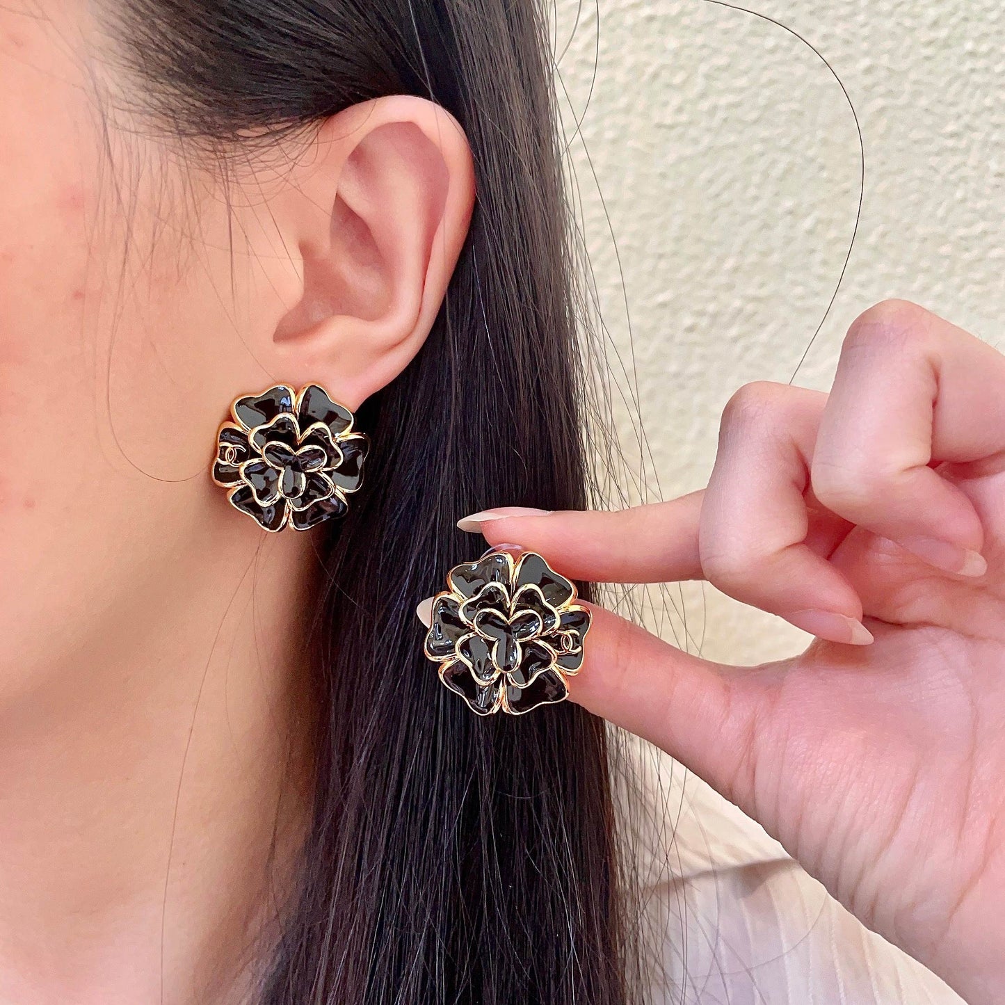 Camellia Stud Earrings in Polished Metal-Tone – Camellia Detail – Design 002 main product view