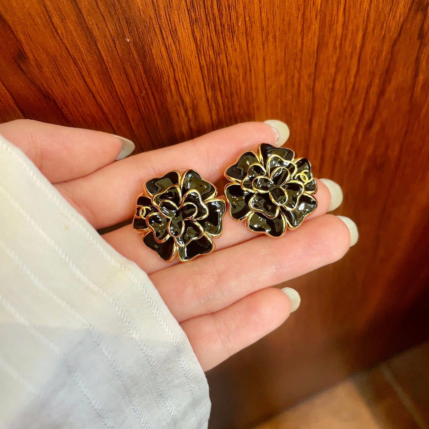 Camellia Stud Earrings in Polished Metal-Tone – Camellia Detail – Design 002 side detail