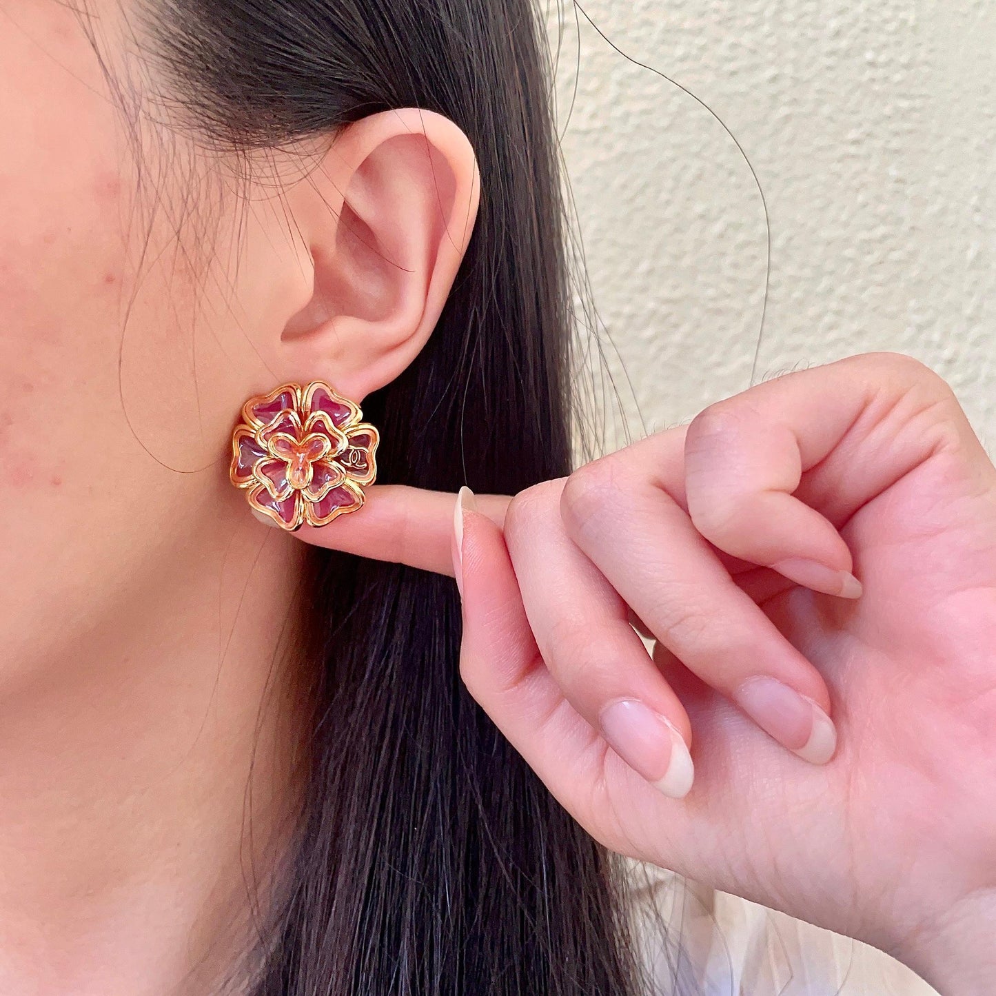 Camellia Stud Earrings in Polished Metal-Tone – Camellia Detail front product view