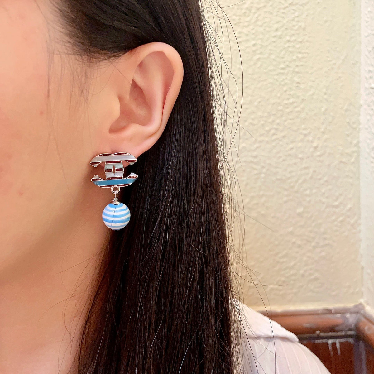 Double-C Emblem Statement Earrings in Polished Metal-Tone – Design 031 detail view