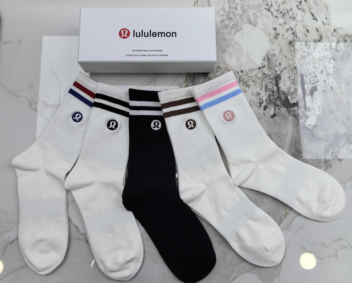 Lululemon Stripe Accents And Small Round Emblems Crew Socks - 5-Pair Set