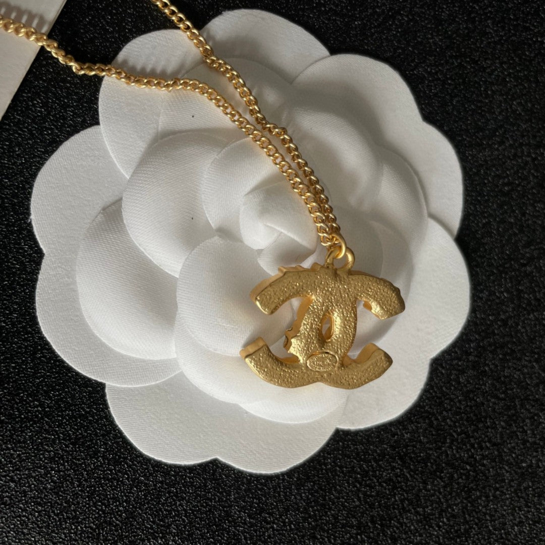 Double-C Emblem Pendant Necklace in Polished Metal-Tone – Design 076 main product view