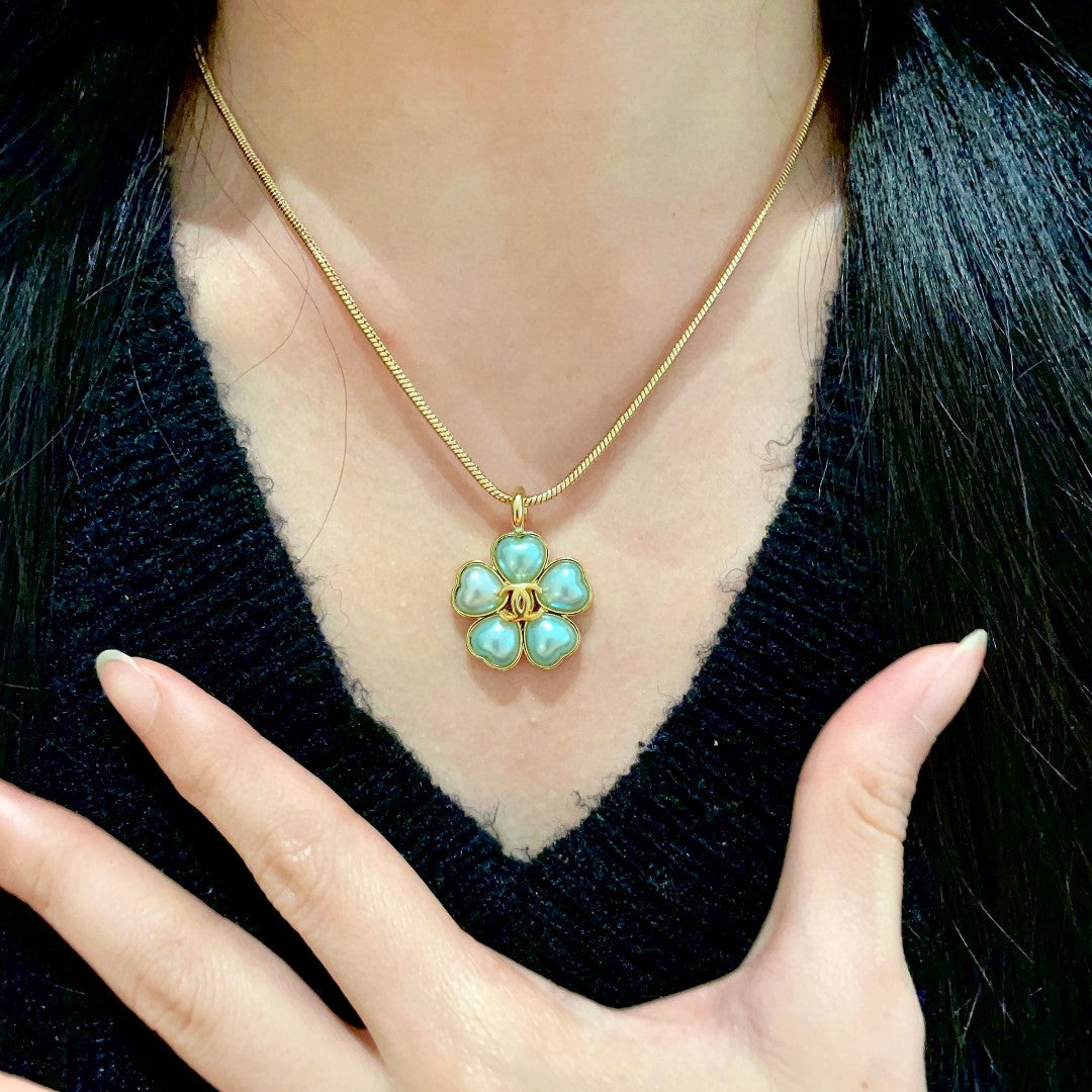 Camellia Pendant Necklace in Polished Metal-Tone – Camellia Detail – Design 016 front product view