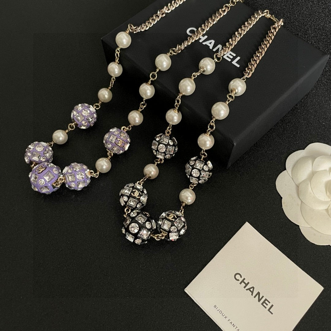 Double-C Emblem Pearl-Detail Pendant Necklace – Pearl Detail – Design 049 front product view