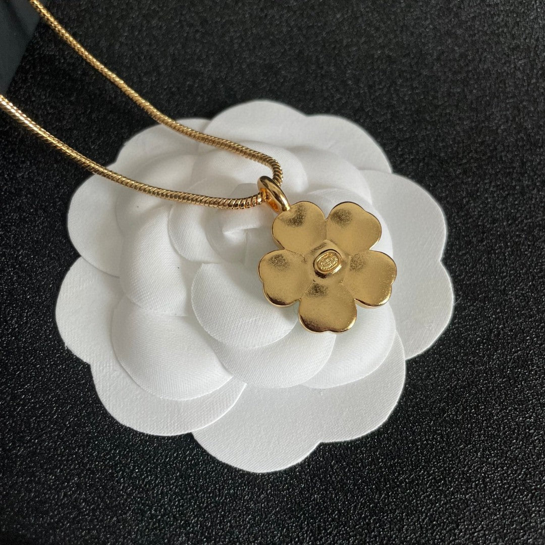Camellia Pendant Necklace in Polished Metal-Tone – Camellia Detail – Design 016 front product view