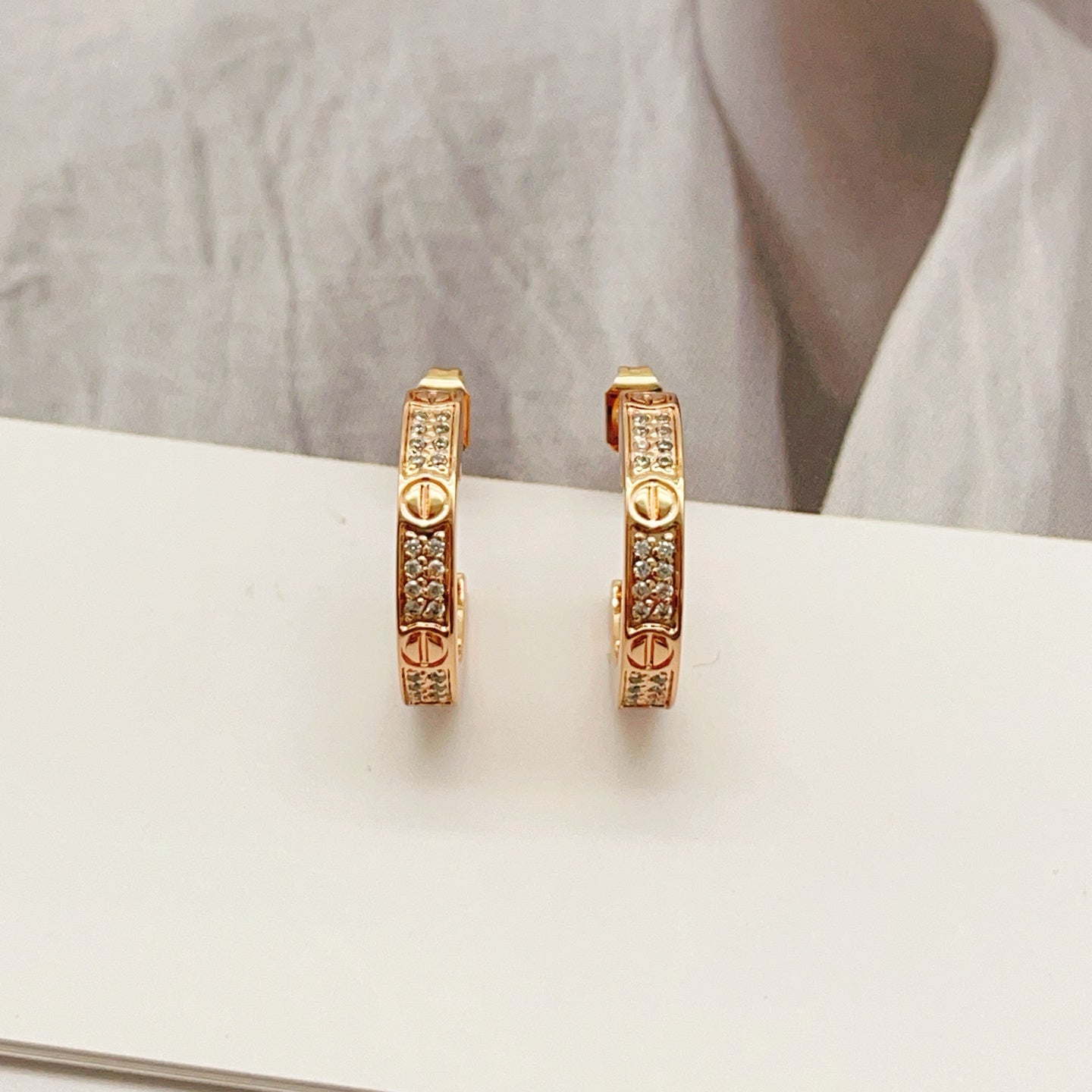 Rose Motif Stud Earrings in Rose-Gold-Tone with Crystal-Style Accents detail view