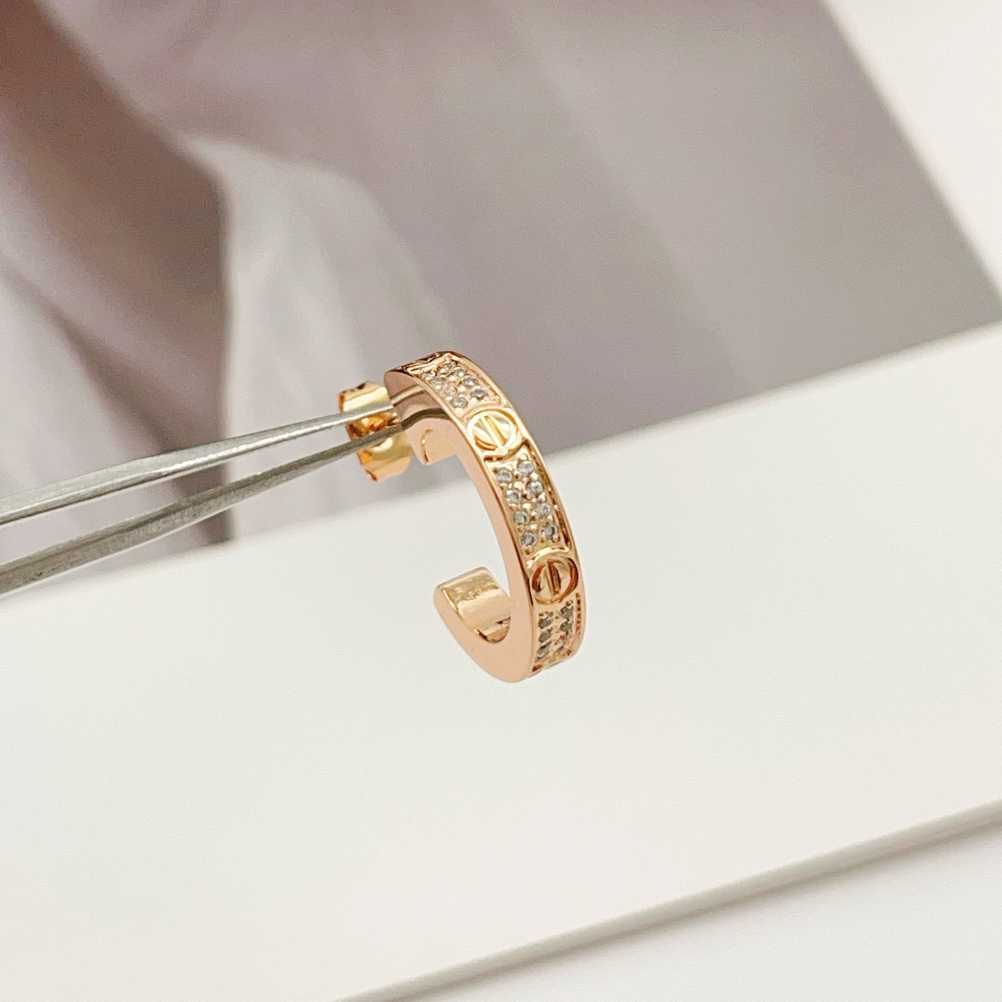 Rose Motif Stud Earrings in Rose-Gold-Tone with Crystal-Style Accents side detail