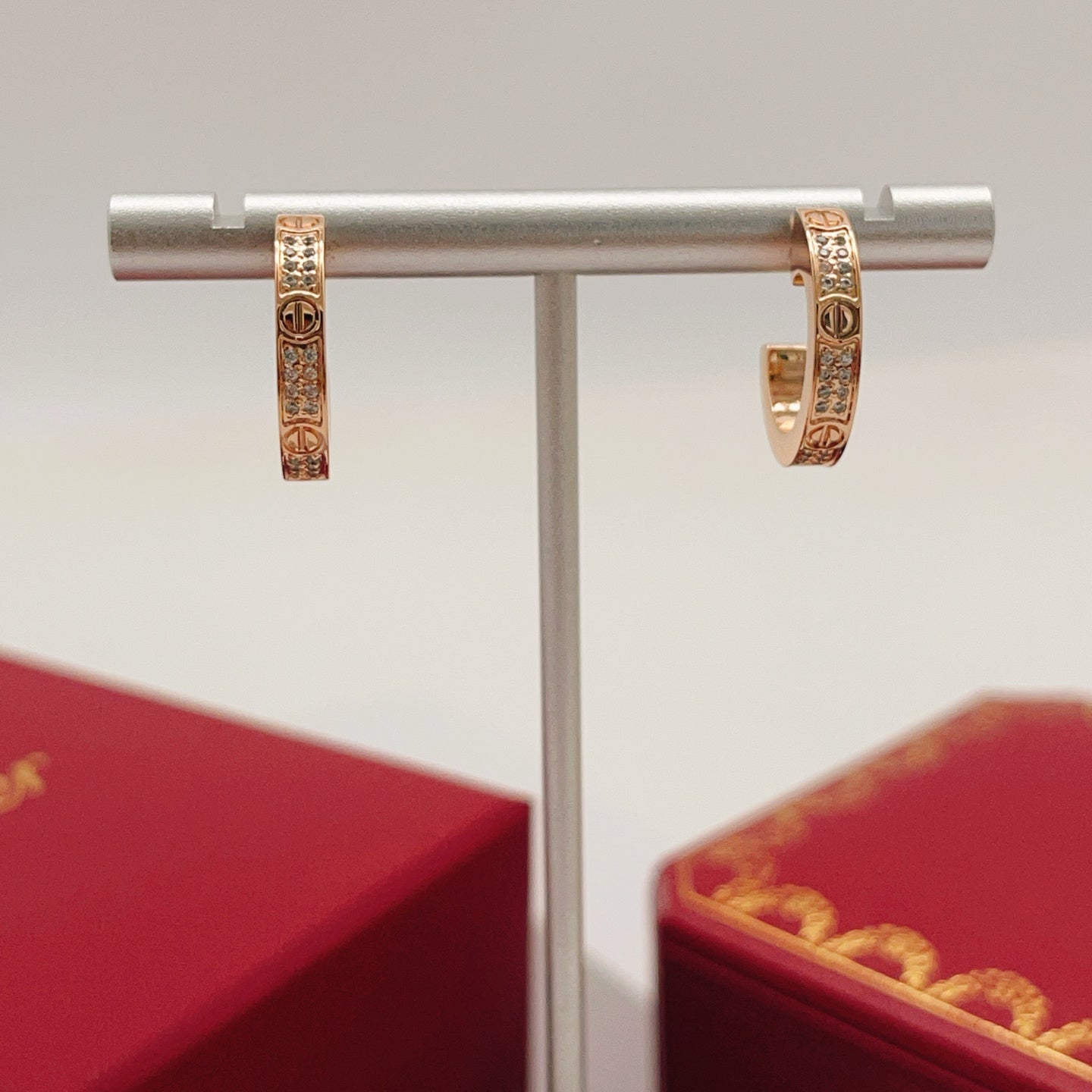 Rose Motif Stud Earrings in Rose-Gold-Tone with Crystal-Style Accents close-up detail