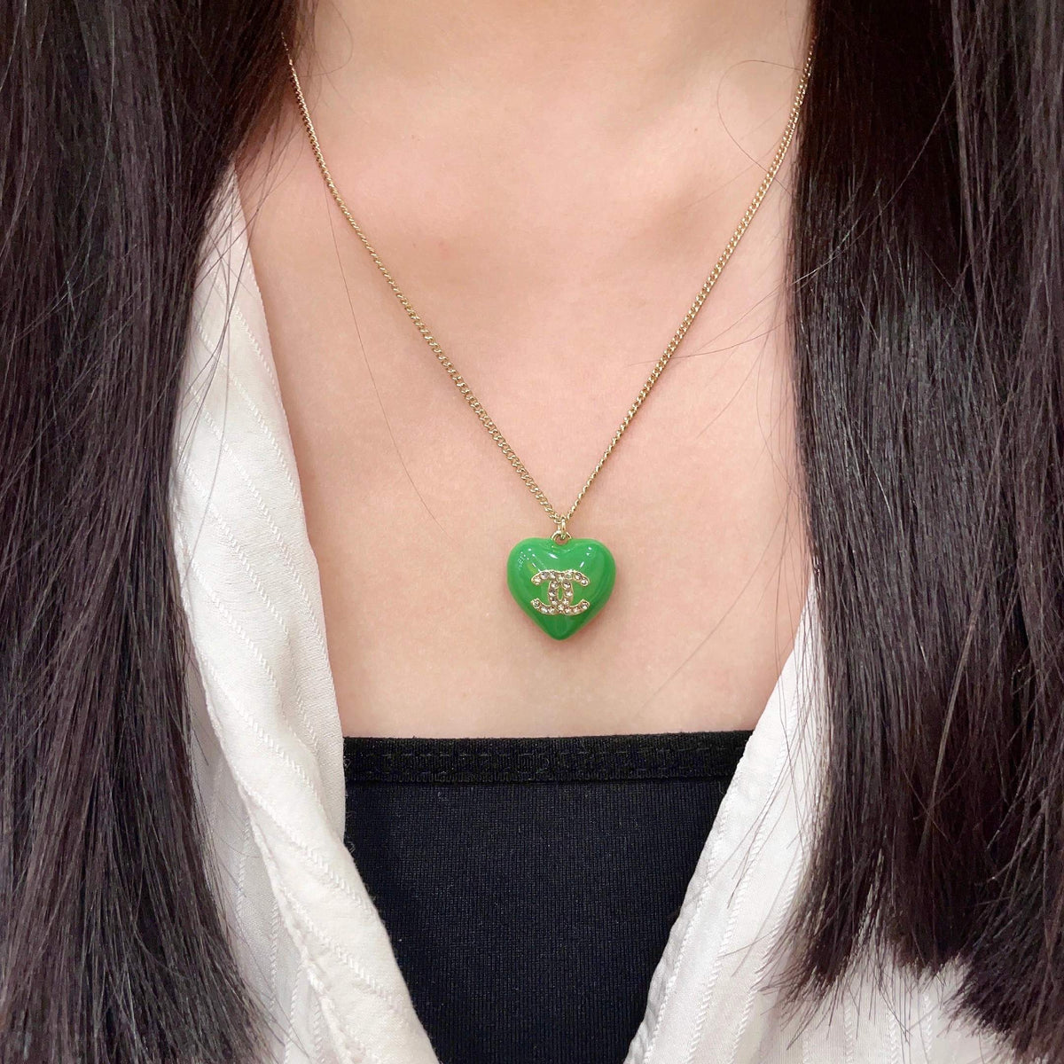 Double-C Emblem Crystal-Accent Pendant Necklace – Heart Detail – Design 006 detail view