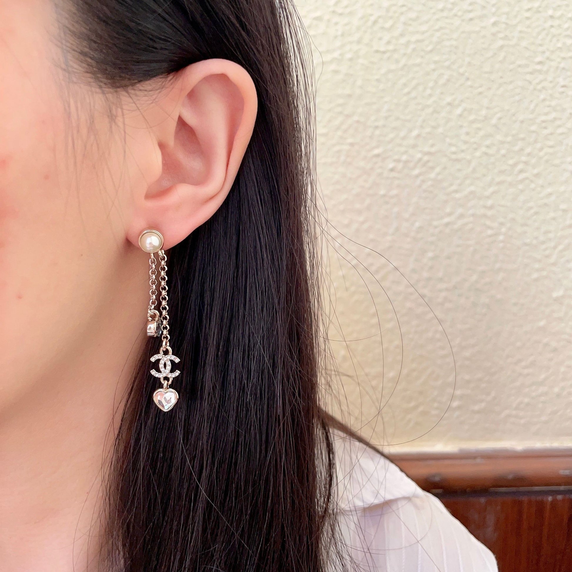 Double-C Emblem Crystal-Accent Statement Earrings – Heart Detail detail view