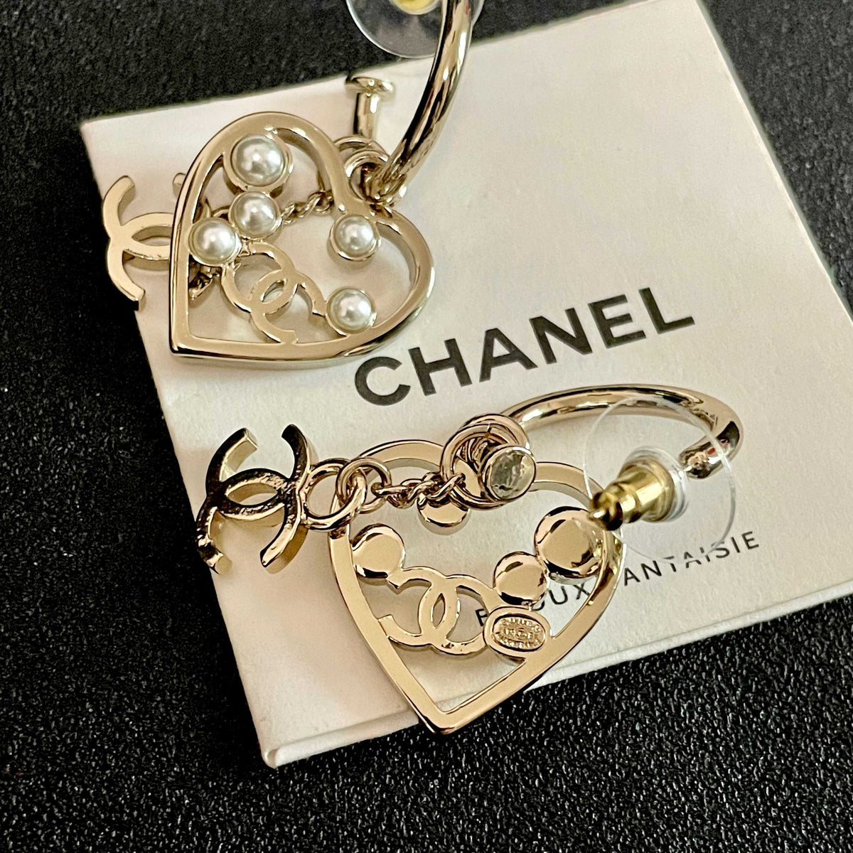 Double-C Emblem Stud Earrings in Polished Metal-Tone – Heart Detail – Design 009 main product view