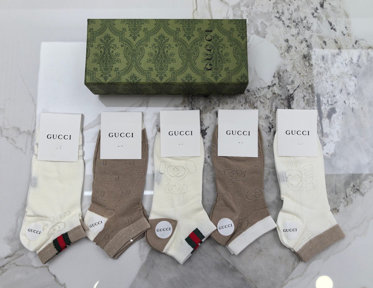 Gucci Modal Mixed Neutral Logo Detail No-Show Socks - 5-Pair Set