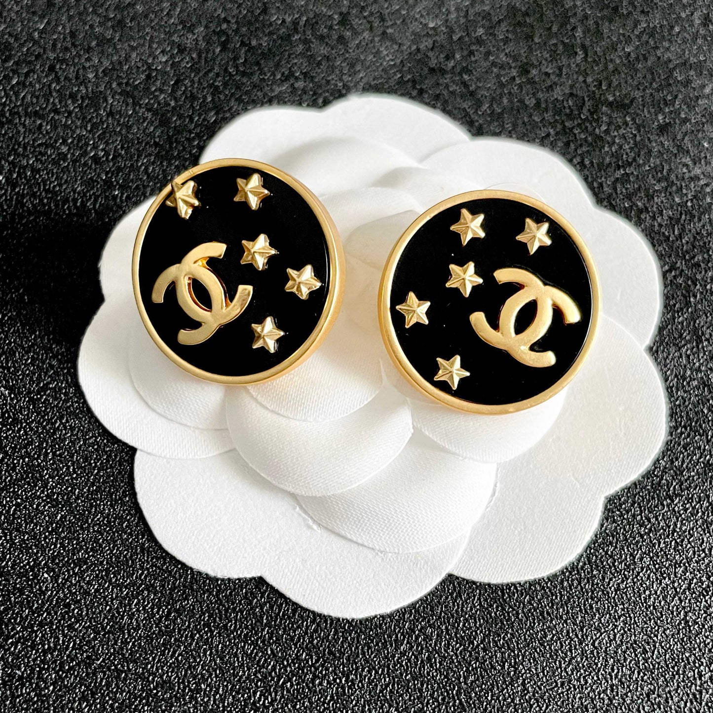 Double-C Emblem Stud Earrings in Polished Metal-Tone – Star Detail – Design 005 front product view