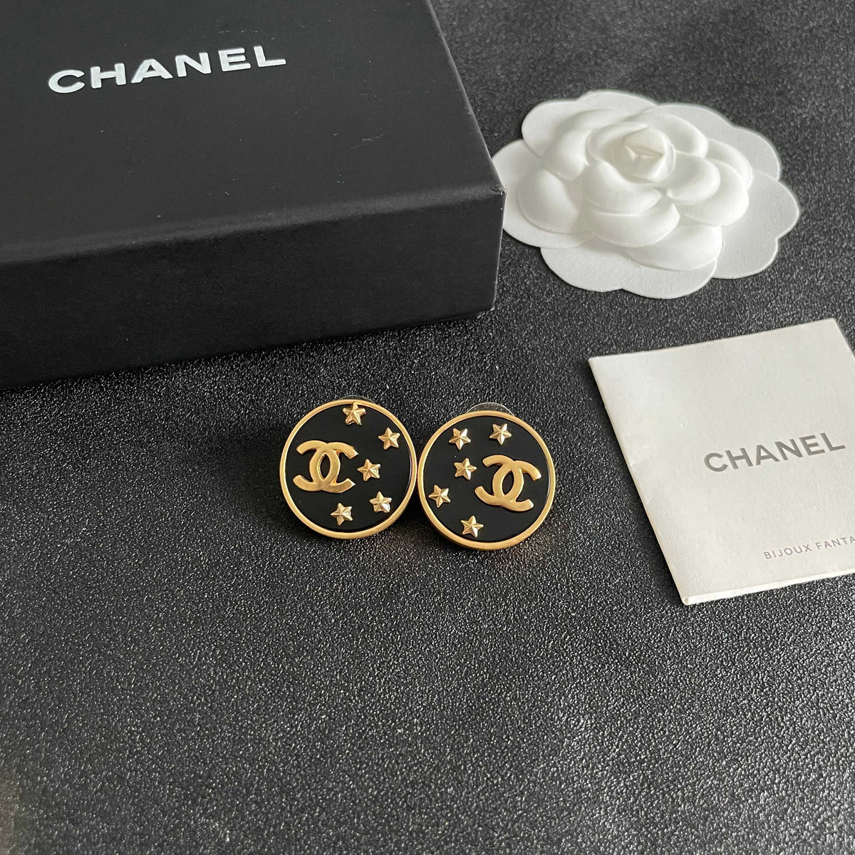 Double-C Emblem Stud Earrings in Polished Metal-Tone – Star Detail – Design 006 styled product view