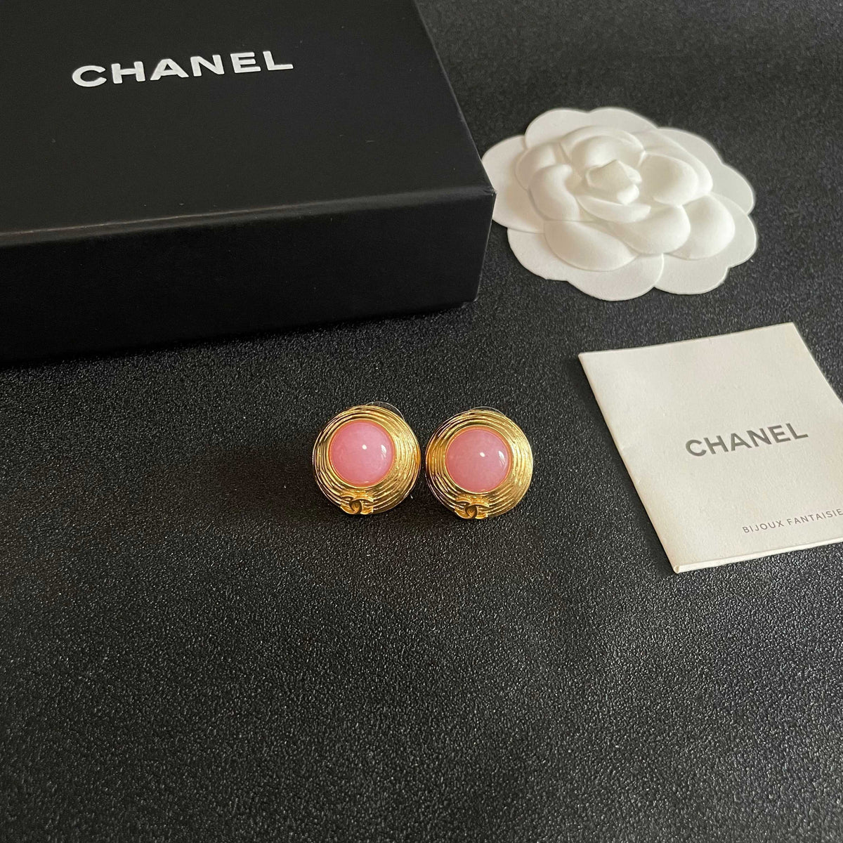 Double-C Emblem Stud Earrings in Polished Metal-Tone – Design 015 styled product view