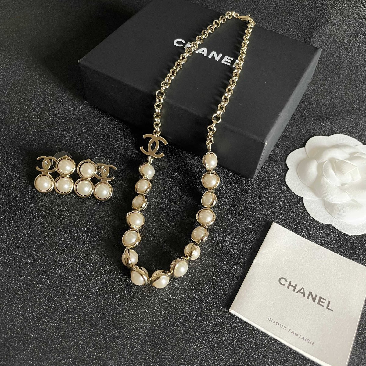 Double-C Emblem Pearl-Detail Pendant Necklace – Pearl Detail – Design 114 close-up detail