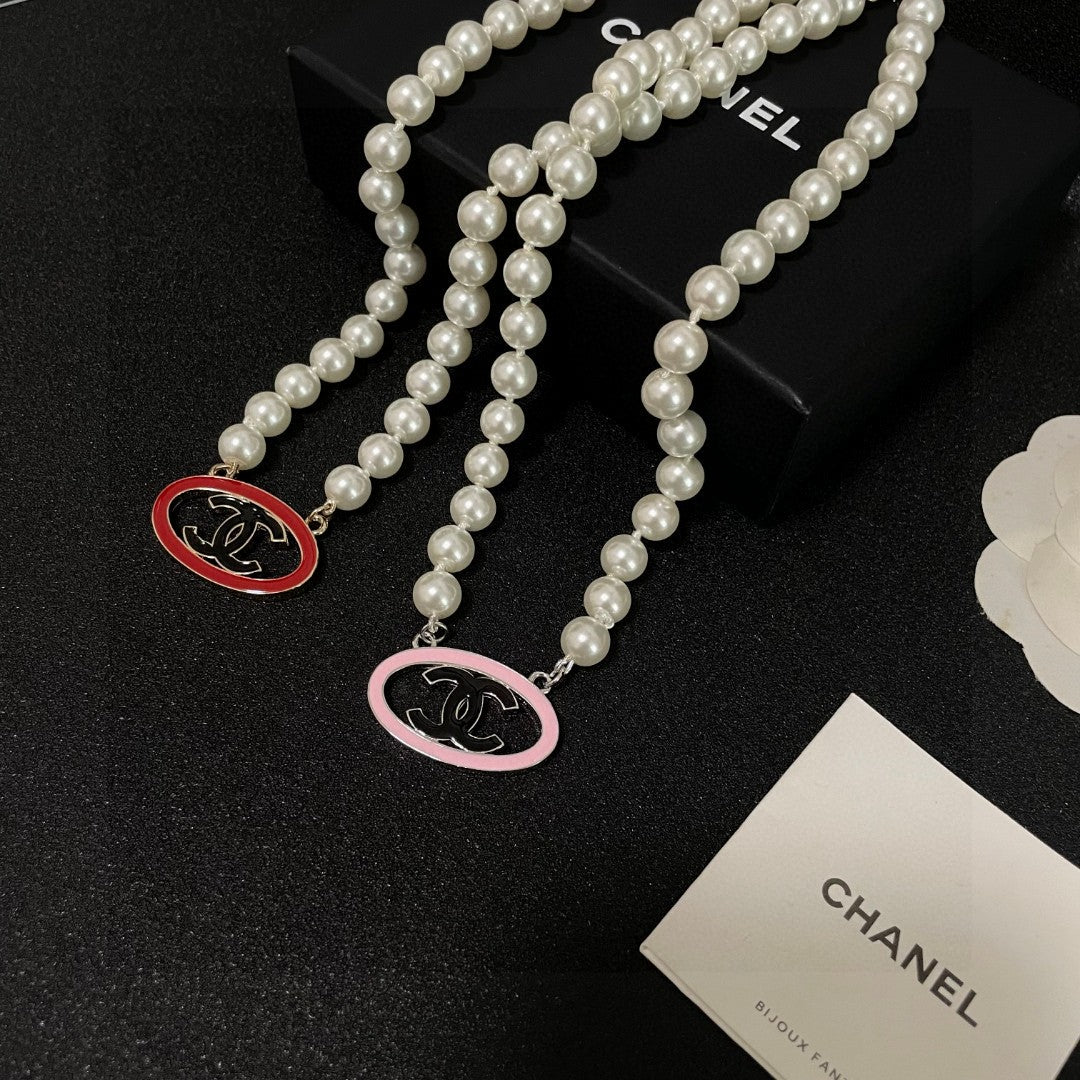 Double-C Emblem Pearl-Detail Pendant Necklace – Pearl Detail – Design 121 close-up detail