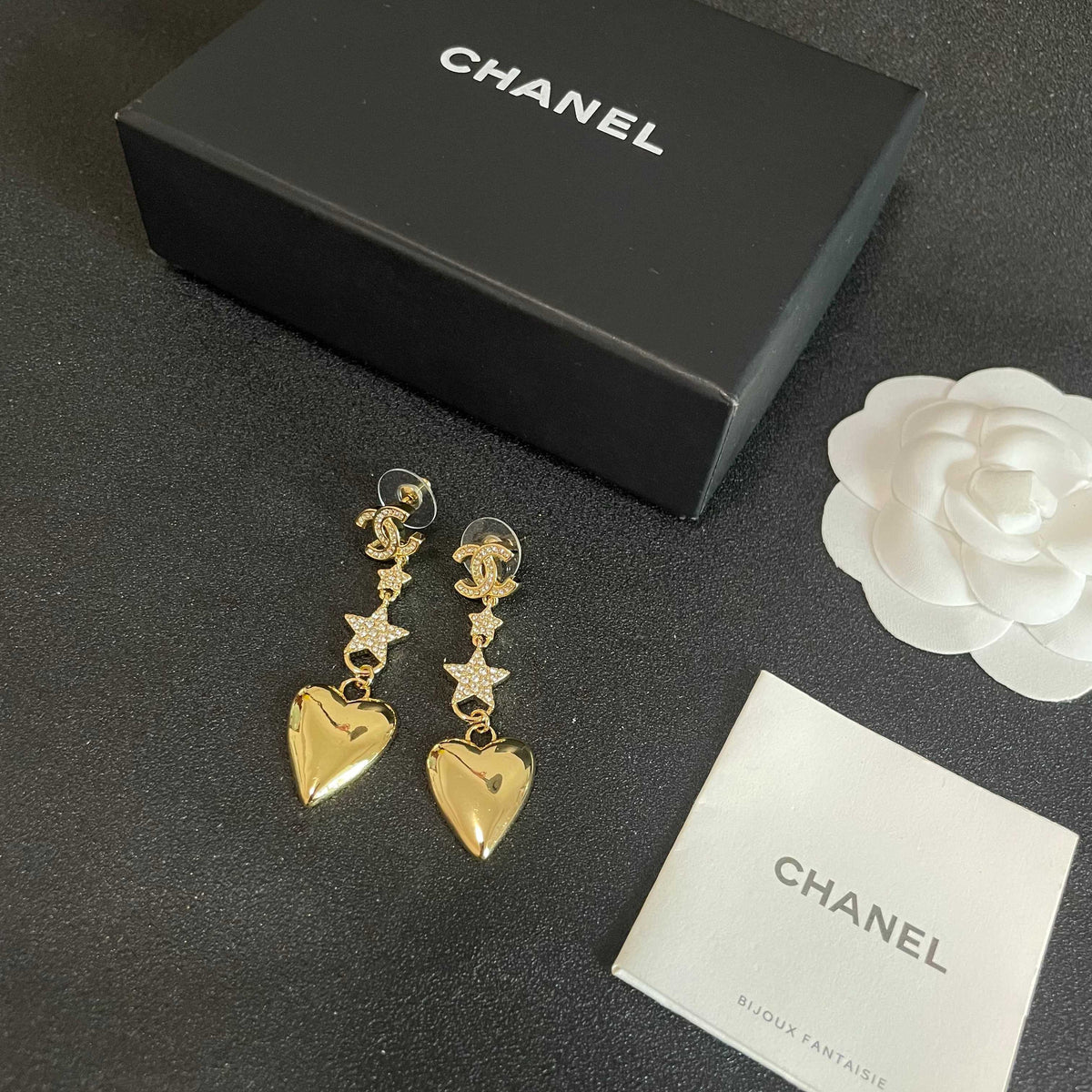 Double-C Emblem Statement Earrings in Polished Metal-Tone – Heart Detail – Design 006 close-up detail