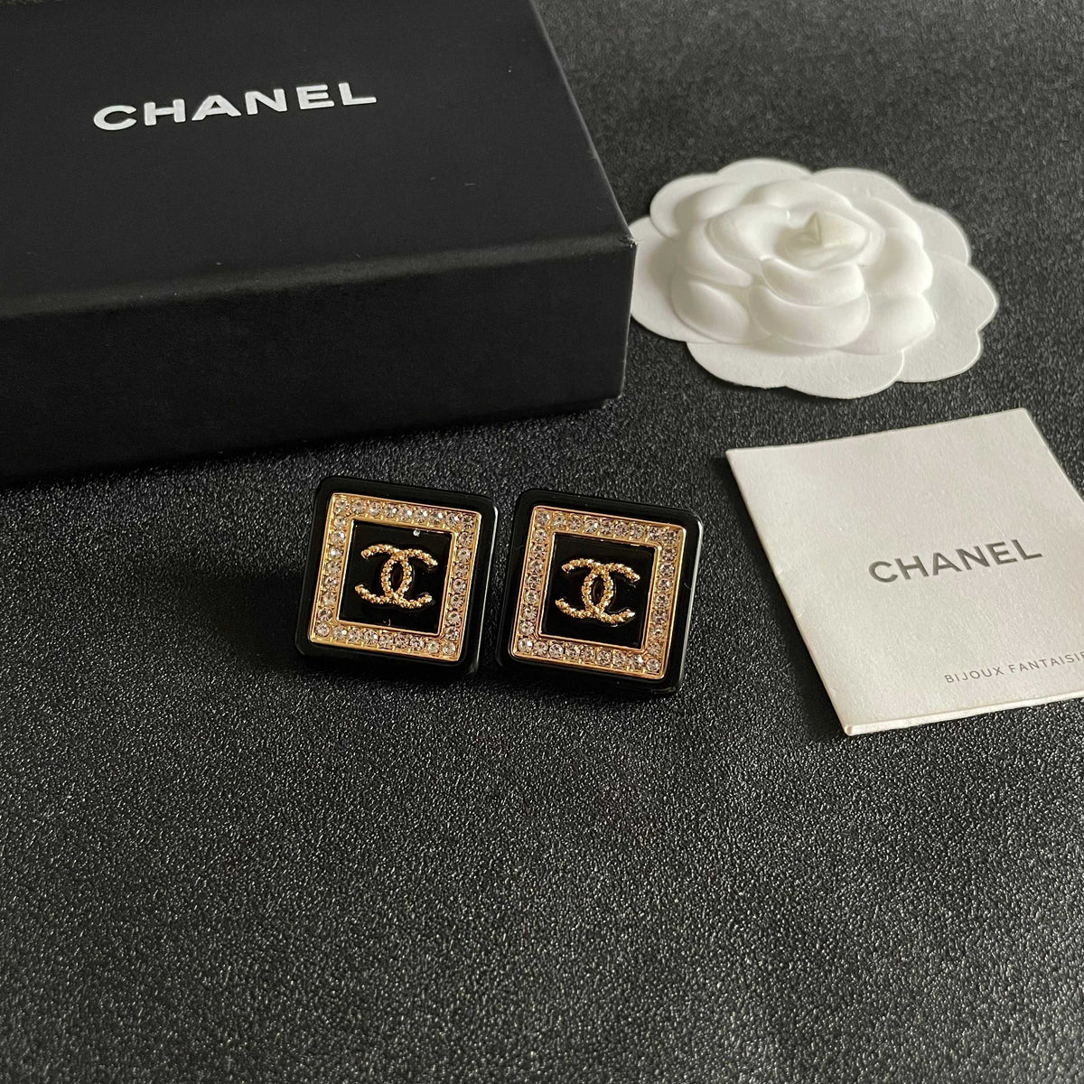 Double-C Emblem Stud Earrings in Polished Metal-Tone – Design 064 styled product view