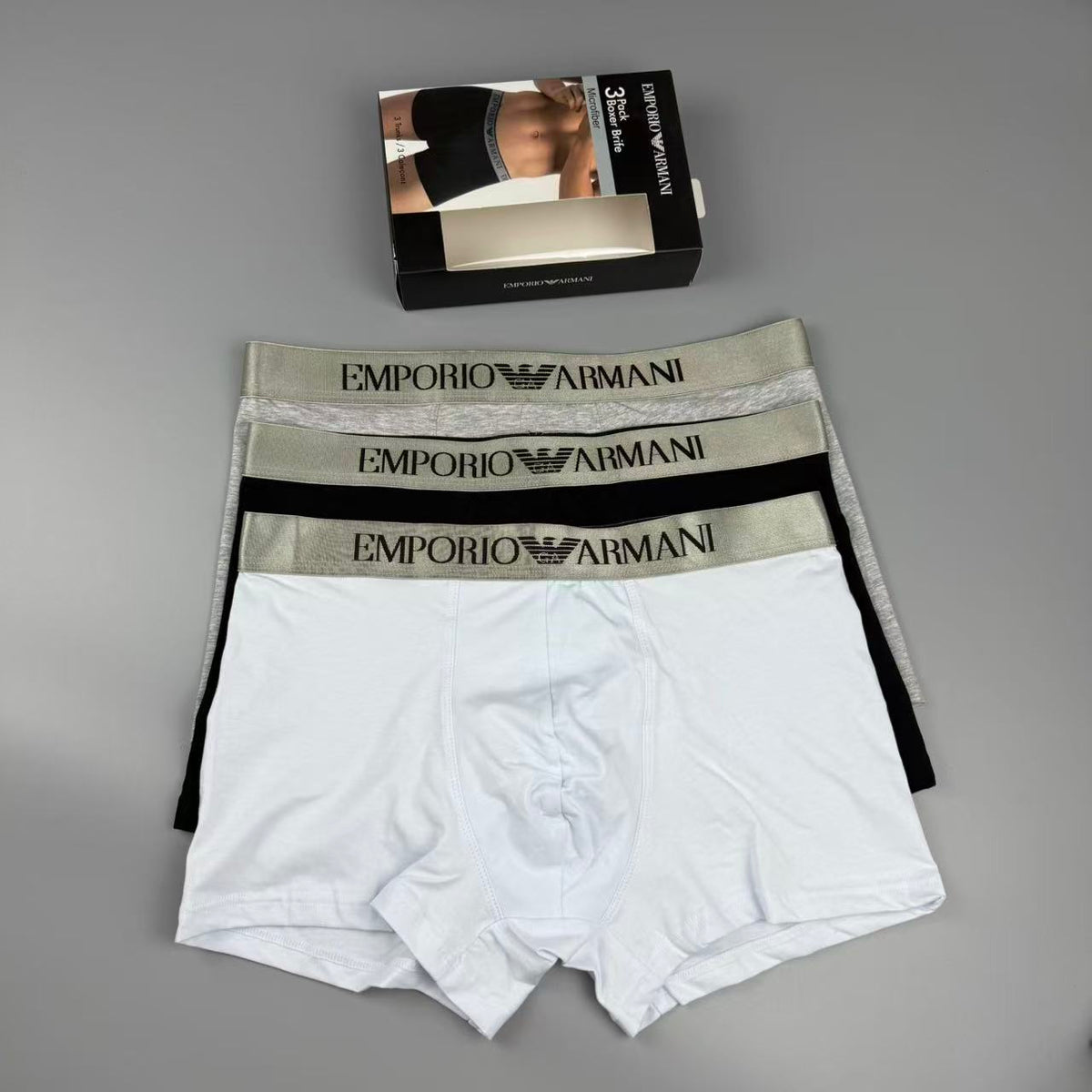 Armani Cotton Visible Colour, Waistband And Emblem Details Men's Boxer Briefs - 3-Piece Box
