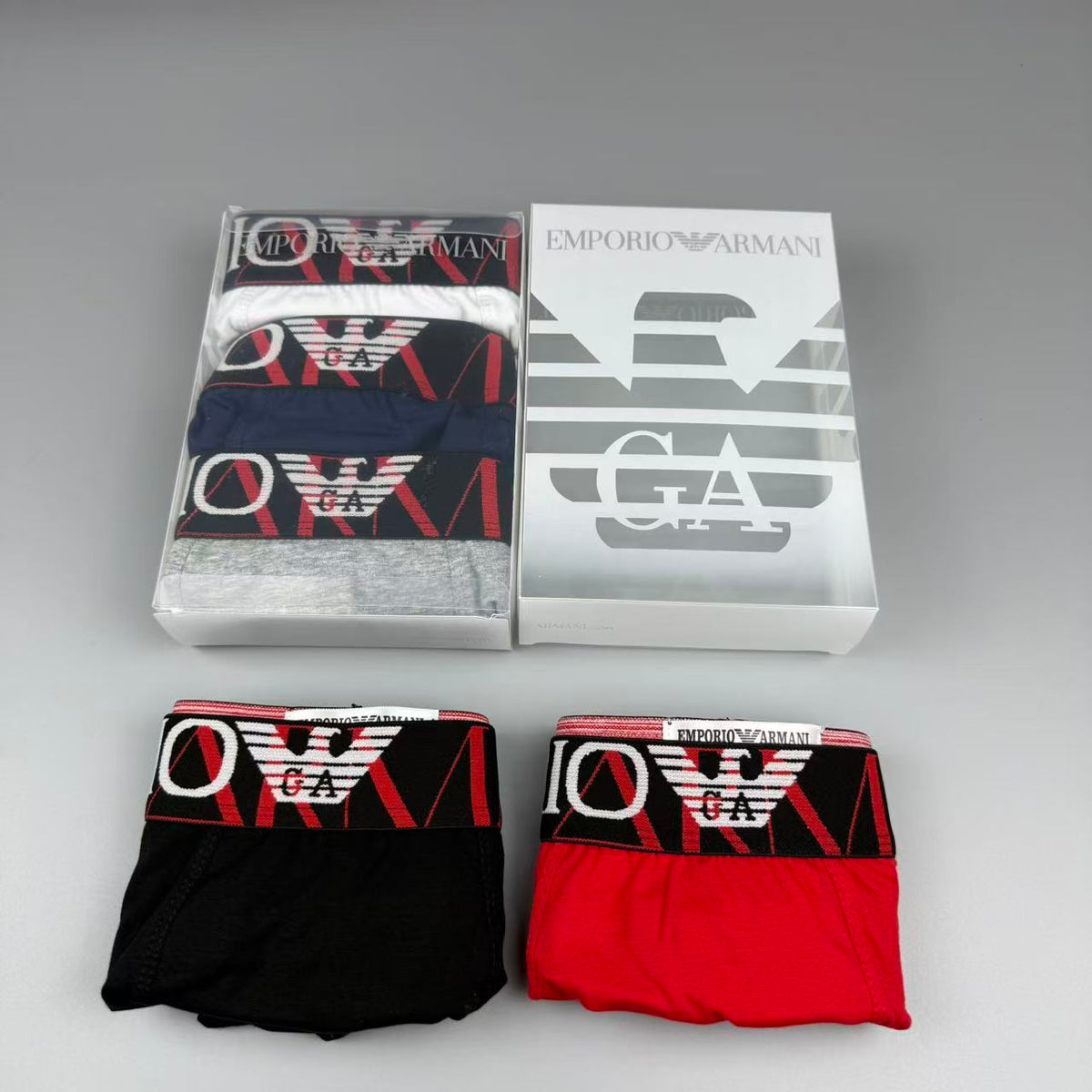 Armani Red, Navy, Black & Grey Cotton Men's Boxer Briefs - 3-Piece Box