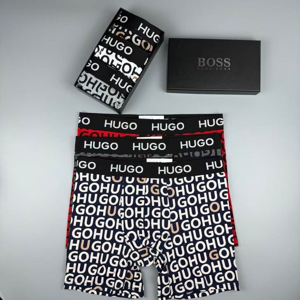 Boss Cotton All-Over Logo Pattern Men's Boxer Briefs - 3-Piece Box