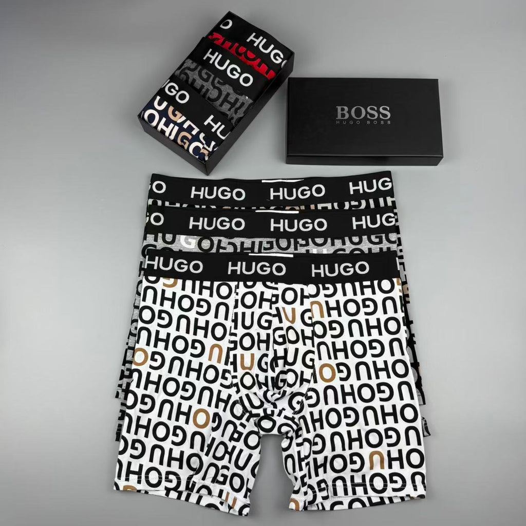 Boss Cotton All-Over Logo Pattern Men's Boxer Briefs - 3-Piece Box