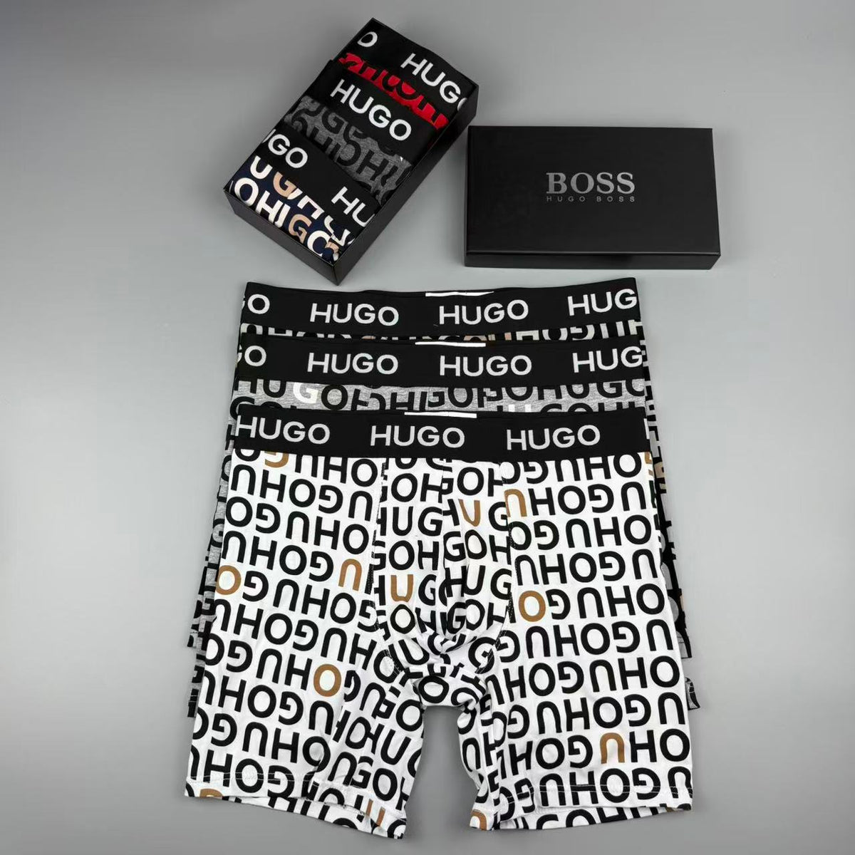 Boss Cotton All-Over Logo Pattern Men's Boxer Briefs - 3-Piece Box