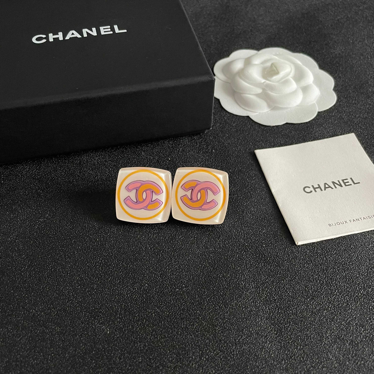 Double-C Emblem Stud Earrings in Polished Metal-Tone – Design 069 styled product view