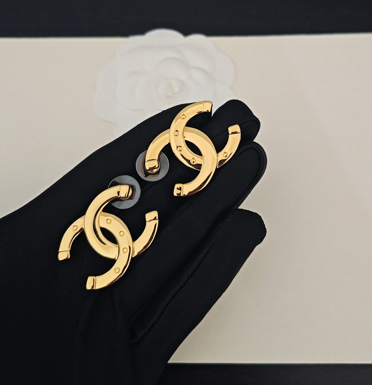 Signature Emblem Stud Earrings in Gold-Tone – Design 008 detail view