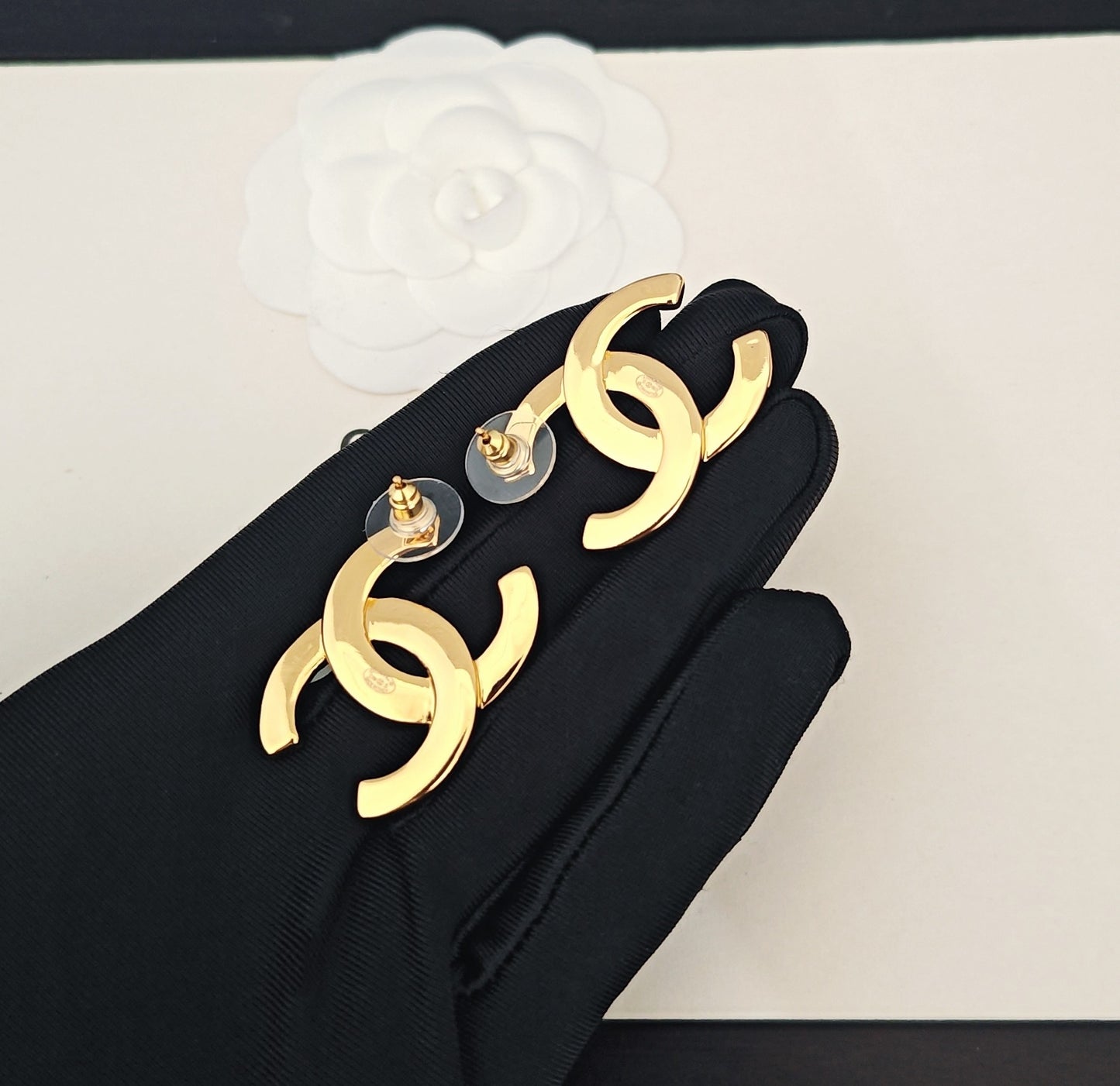 Signature Emblem Stud Earrings in Gold-Tone – Design 008 close-up detail